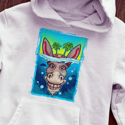 White casual hodie showing a funny donkey with principles –Λευκό καθημερινό φούτερ με κουκούλα με αστείο γάιδαρο με αρχές