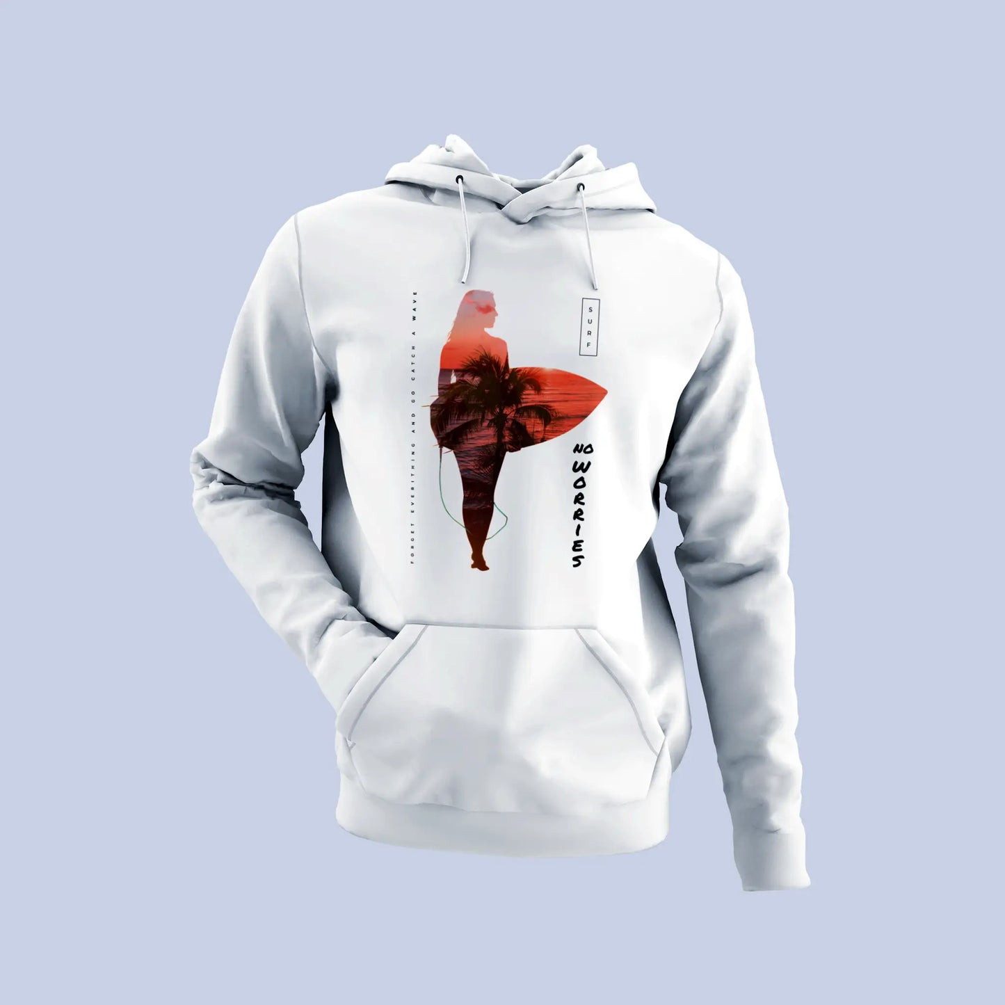 White cotton hoodie for surfers with tropical sunset print – Λευκό βαμβακερό hoodie για σέρφερ με εκτύπωση τροπικού ηλιοβασιλέματος