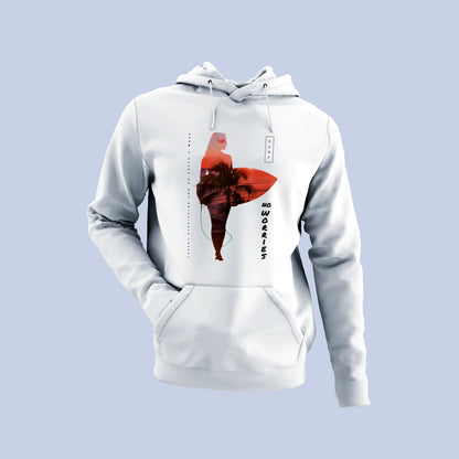White cotton hoodie for surfers with tropical sunset print – Λευκό βαμβακερό hoodie για σέρφερ με εκτύπωση τροπικού ηλιοβασιλέματος