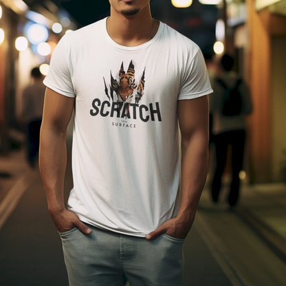 White cotton short sleeve top showcasing the intricate Scratch the surface print. — Λευκή βαμβακερή κοντομάνικη μπλούζα που αναδεικνύει το περίπλοκο τύπωμα Scratch the surface_result