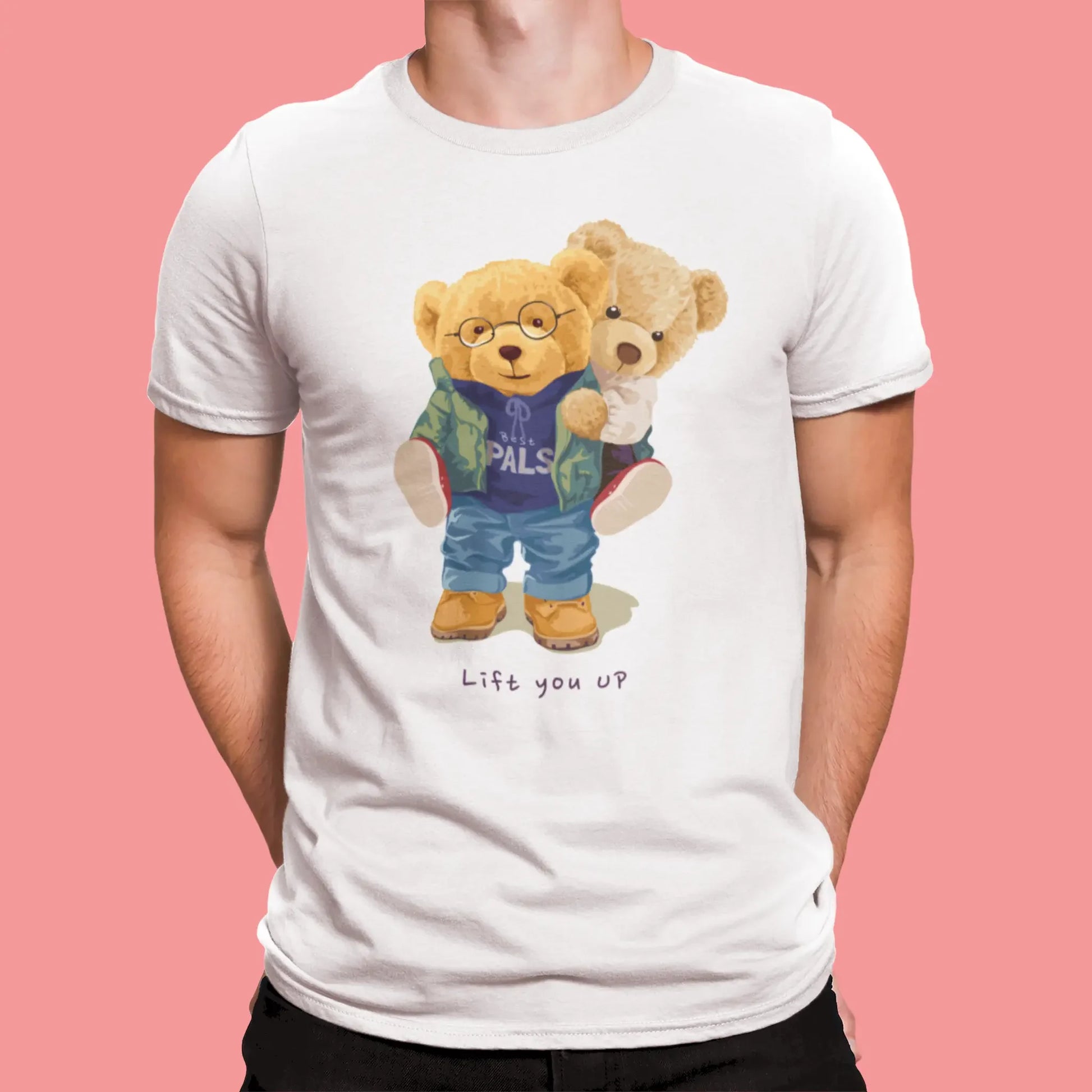 White cotton t-shirt with hugging teddy bears and Best Pals print – λευκό βαμβακερό μπλουζάκι με αγκαλιασμένα αρκουδάκια και print Best Pals.