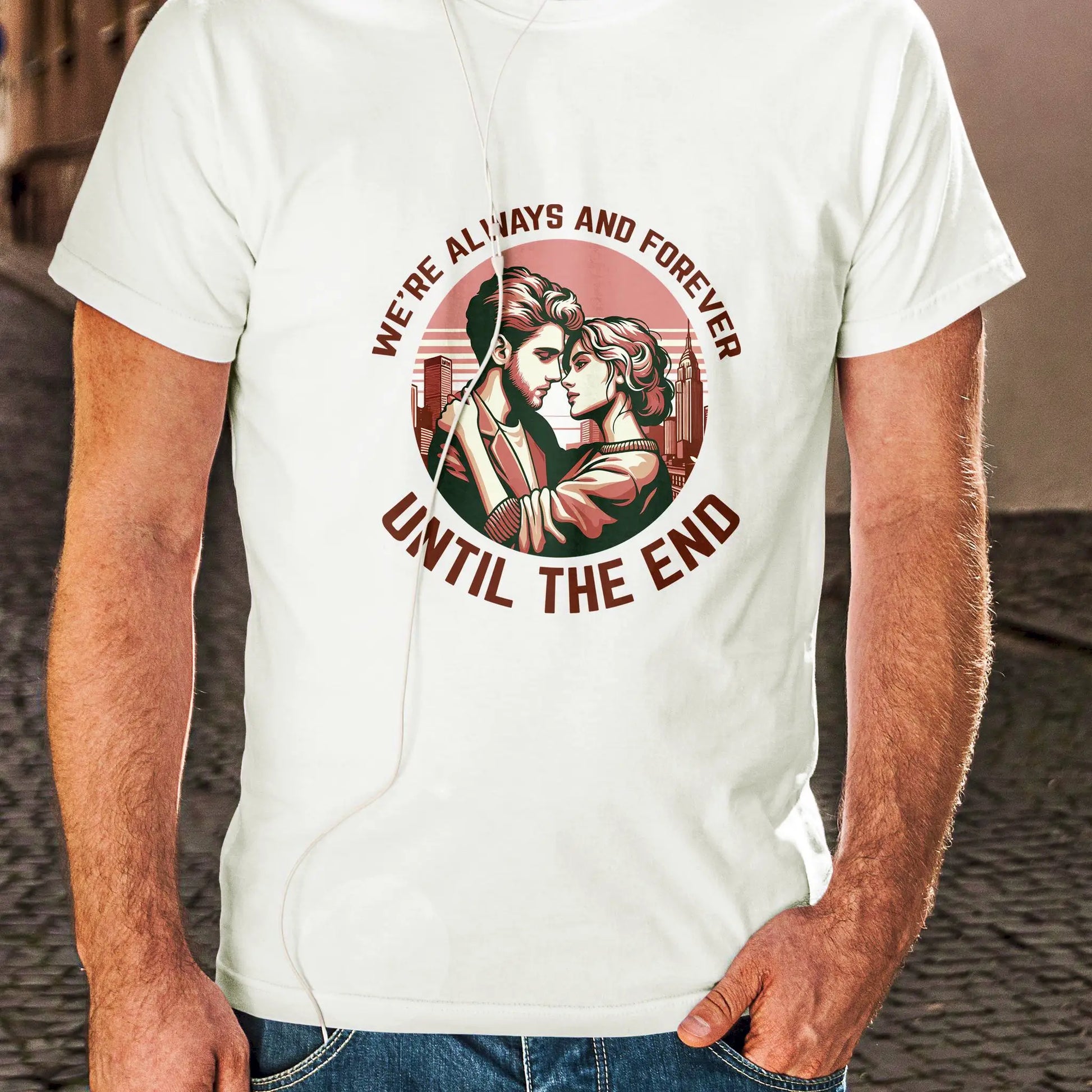 White couple t-shirt with a minimalist silhouette design and a powerful promise of forever love / Λευκό μπλουζάκι για ζευγάρι με μινιμαλιστικό σχέδιο σιλουέτας και μια δυνατή υπόσχεση αιώνιας αγάπης.