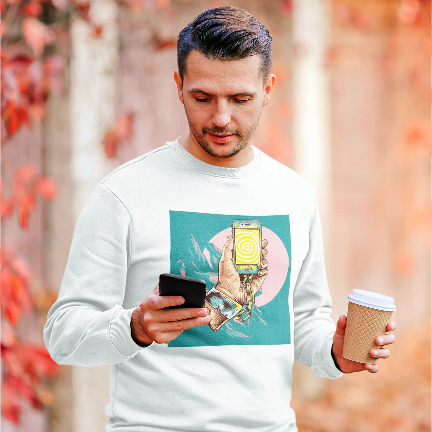 White crewneck sweatshirt με digital awareness design - Λευκό φούτερ λαιμόκοψη με ψηφιακή ευαισθητοποίηση