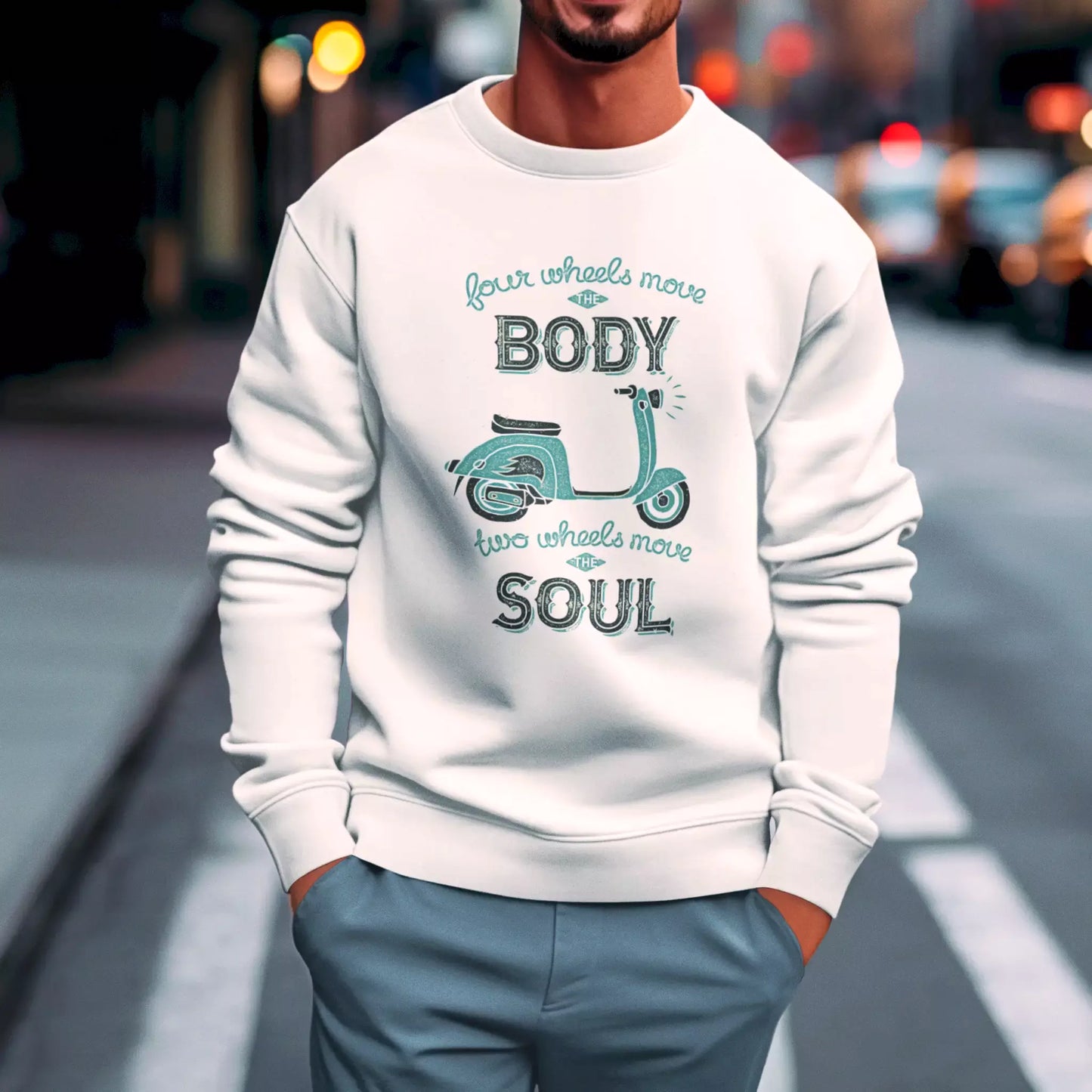 White crewneck sweatshirt με vintage scooter graphic - Λευκό φούτερ λαιμόκοψη με κλασικό σχέδιο