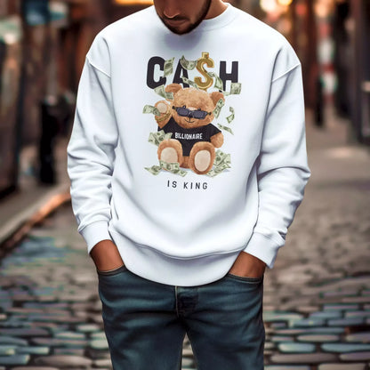 White crewneck sweatshirt with a stylish bear wearing a crown and holding cash – Λευκό φούτερ λαιμόκοψη με στυλάτο αρκούδο με στέμμα και δεσμίδες χρημάτων,
