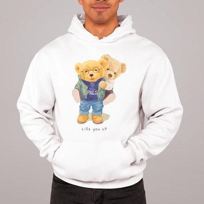 White crewneck sweatshirt with illustration of teddy bears hugging – λευκή μπλούζα φούτερ λαιμόκοψη με σχέδιο δύο αρκουδάκια.
