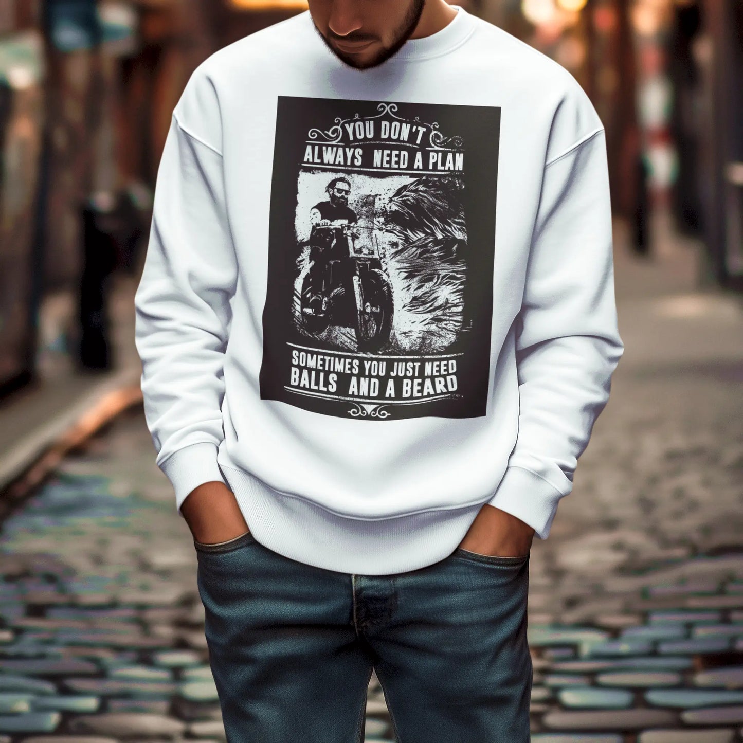 White crewneck sweatshirt with balls and beard print - Λευκό crewneck φούτερ με balls and beard print για comfort masculinity