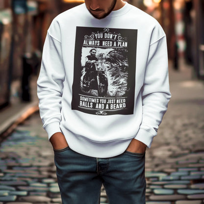 White crewneck sweatshirt with balls and beard print - Λευκό crewneck φούτερ με balls and beard print για comfort masculinity