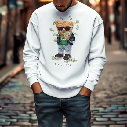 White crewneck sweatshirt with cartoon teddy bear spraying cash, great for casual street luxury – Λευκό φούτερ λαιμόκοψη με αρκούδο που πετάει χρήματα, τέλειο για casual πολυτελές streetwear