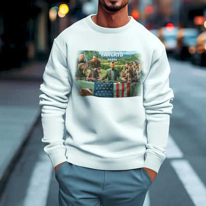 White crewneck sweatshirt with center Far Cry 5 print and soft feathered edges for cozy gamer vibes – Λευκό φούτερ λαιμόκοψη με μέση print Far Cry 5 και απαλά feathered περιγράμματα για cozy gamer vibes