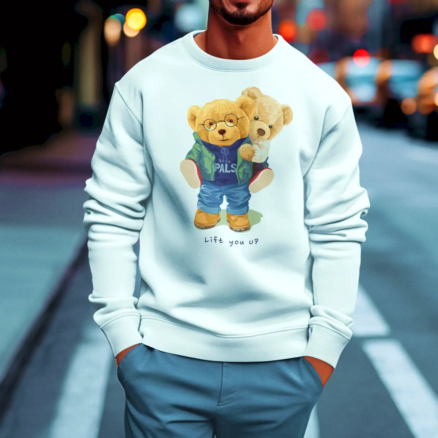 White crewneck sweatshirt with illustration of teddy bears hugging – λευκή μπλούζα φούτερ λαιμόκοψη με σχέδιο δύο αρκουδάκια