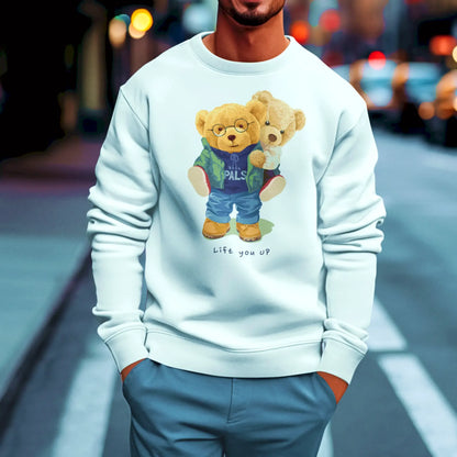 White crewneck sweatshirt with illustration of teddy bears hugging – λευκή μπλούζα φούτερ λαιμόκοψη με σχέδιο δύο αρκουδάκια