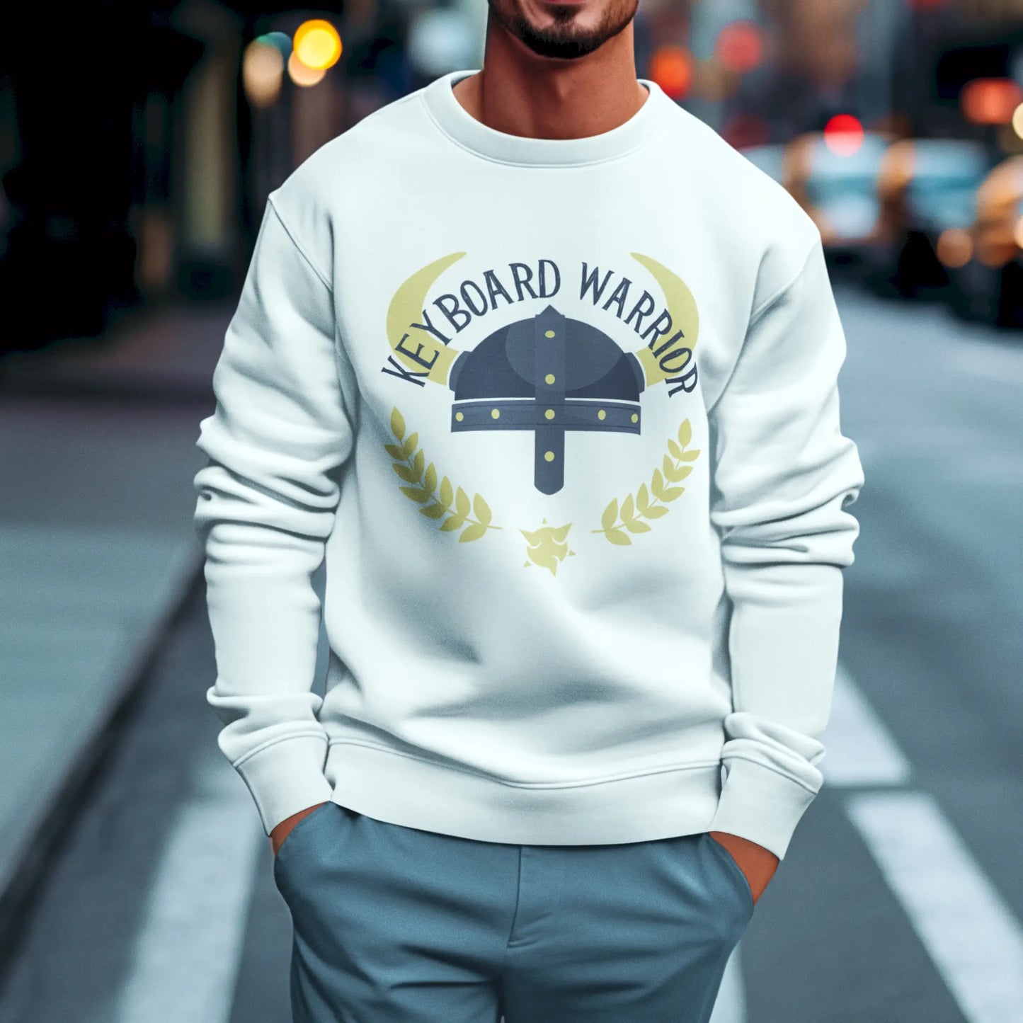 White crewneck sweatshirt with keyboard warrior print - Λευκό crewneck φούτερ με keyboard warrior print για comfort gaming