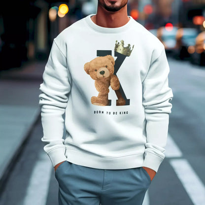 White crewneck sweatshirt with king teddy and bold K background – Λευκό φούτερ λαιμόκοψη με βασιλιά αρκούδι και έντονο γράμμα K