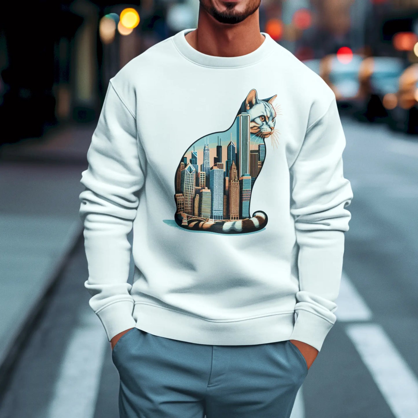 White crewneck sweatshirt with skyline cat – Φούτερ λαιμόκοψη σε λευκό με δημιουργικό print γάτας και πόλης