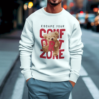 White crewneck sweatshirt with teddy bear comfort zone inspiration – Λευκό crewneck φούτερ με teddy bear comfort zone έμπνευση