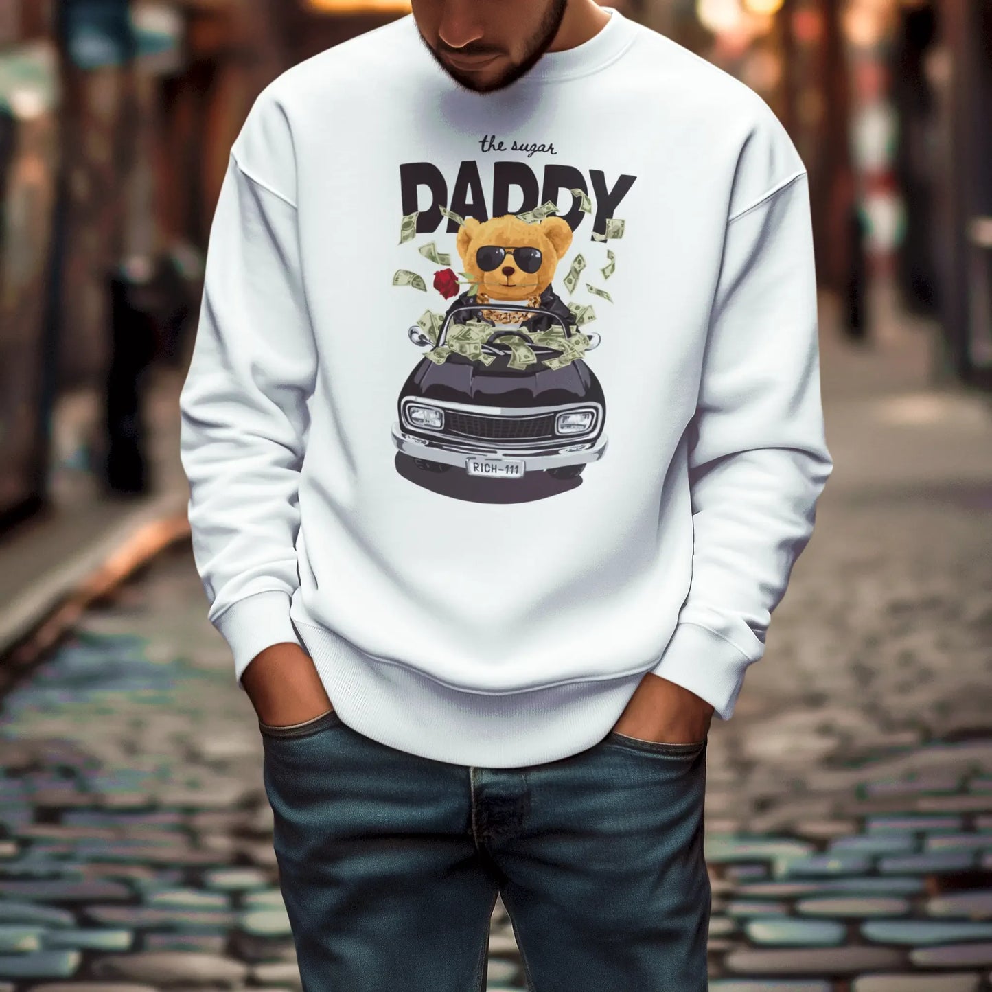 White crewneck with Sugar Daddy teddy illustration – λευκή μπλούζα λαιμόκοψη με σχέδιο teddy πολυτελείας