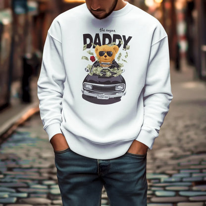 White crewneck with Sugar Daddy teddy illustration – λευκή μπλούζα λαιμόκοψη με σχέδιο teddy πολυτελείας