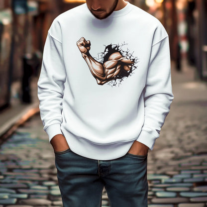 White crewneck with dynamic cracked wall and bold muscle arm artwork – Λευκό crewneck με δυναμικό τοίχο και τολμηρό μπράτσο.