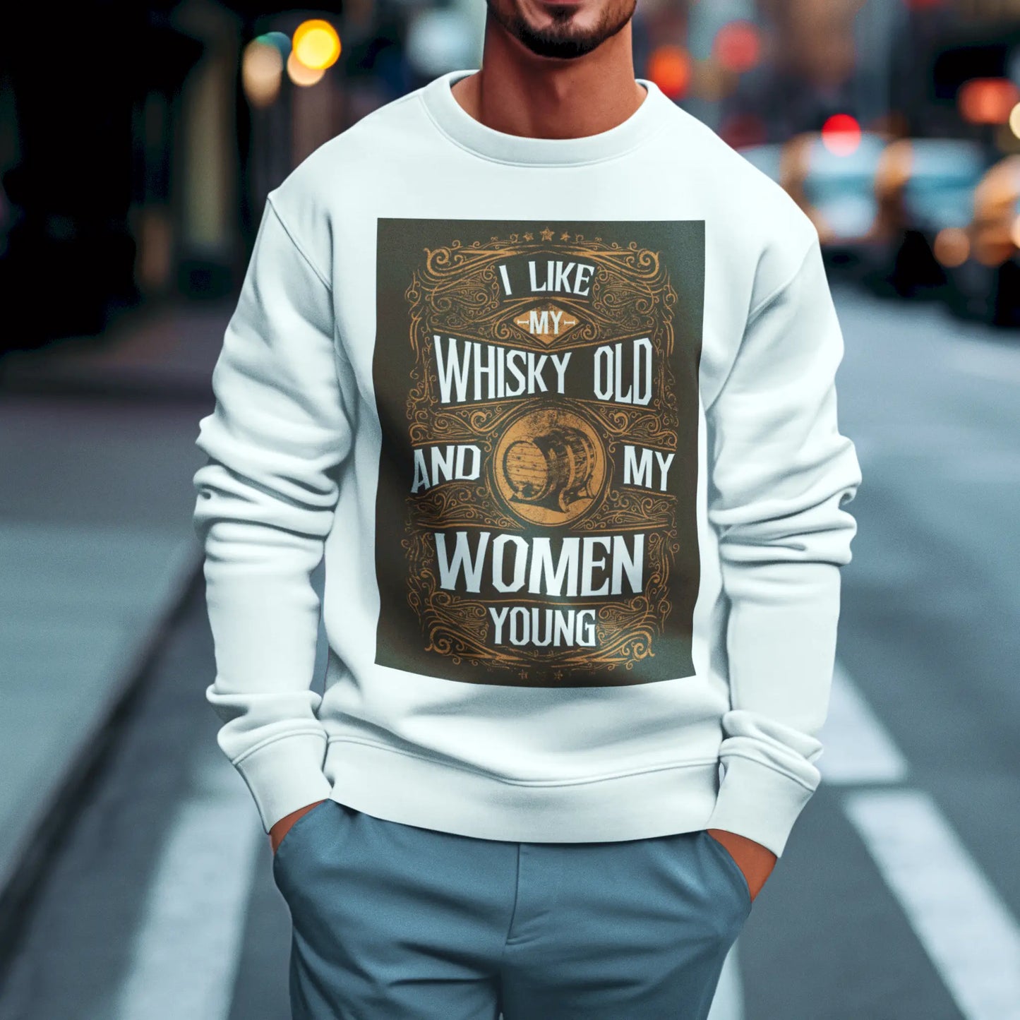 White crewneck with funny whiskey themed phrase – Λευκό φούτερ χωρίς κουκούλα με αστεία φράση για ουίσκι