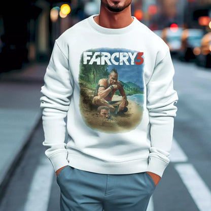 White crewneck with iconic Vaas image and soft texture, perfect for winter gaming sessions – Λευκό φούτερ με εικόνα του Vaas και μαλακή υφή, ιδανικό για χειμερινές gaming στιγμές
