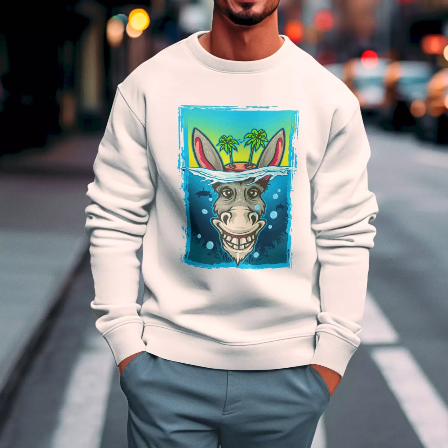 White crewneck with sarcastic quote and cartoon donkey – Λευκό φούτερ χωρίς κουκούλα με σαρκαστική έκφραση και cartoon γάιδαρο