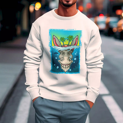White crewneck with sarcastic quote and cartoon donkey – Λευκό φούτερ χωρίς κουκούλα με σαρκαστική έκφραση και cartoon γάιδαρο