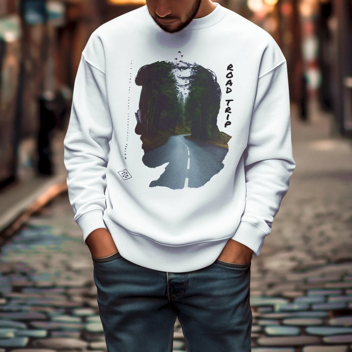 White double exposure nature sweatshirt με forest artwork - λευκό φούτερ με φύση για wilderness lovers και outdoor enthusiasts