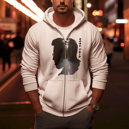 White double exposure zip hoodie με nature artwork - λευκή ζακέτα με κουκούλα και με οδικό ταξίδι στην φύση για φυσιολάτρες και wilderness fans