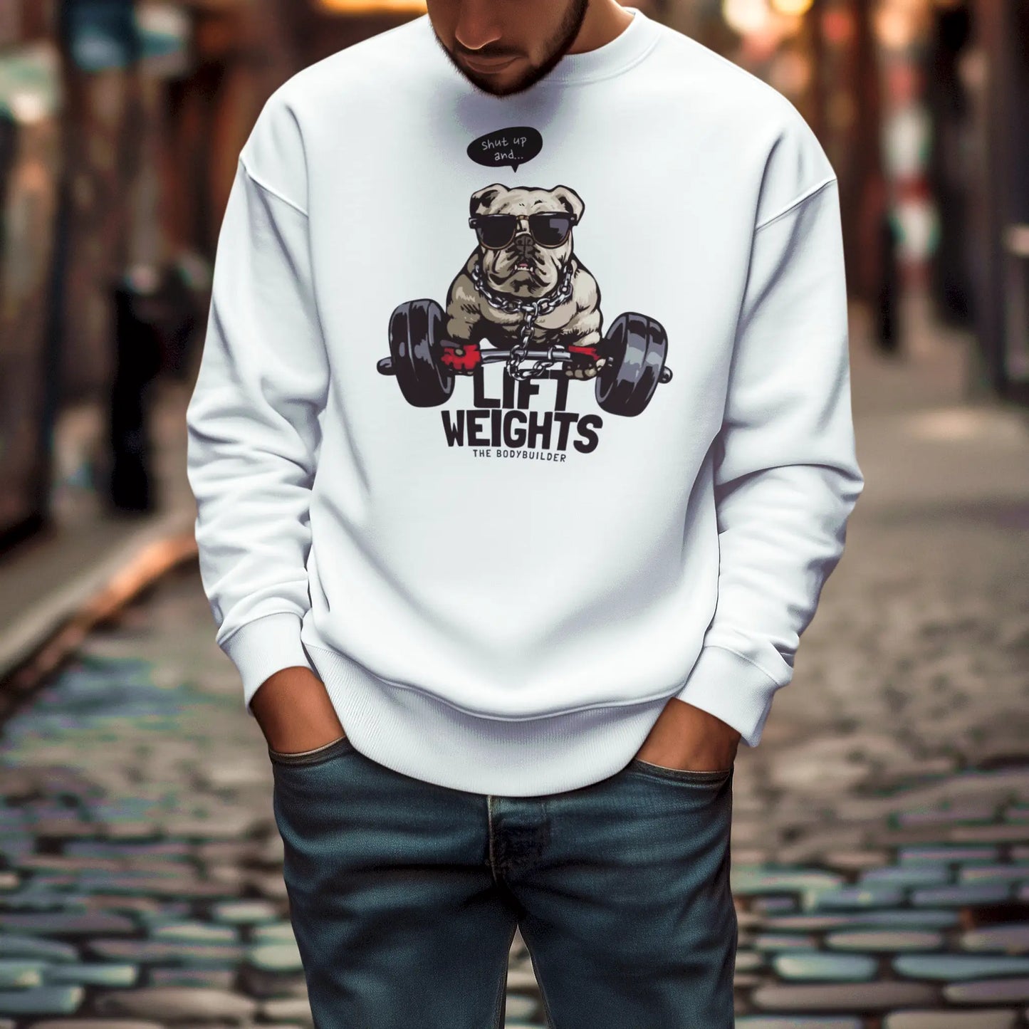 White fitness crewneck with lifting bulldog in chains – Λευκή μπλούζα λαιμόκοψη με design σκύλου και barbell