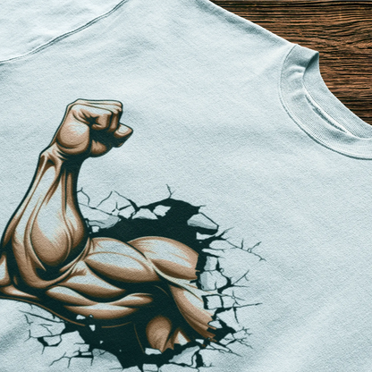 White fitness t-shirt with a hyper-detailed arm bursting through stone – Λευκό fitness t-shirt με υπερ-λεπτομερές μπράτσο που διαλύει τοίχο.