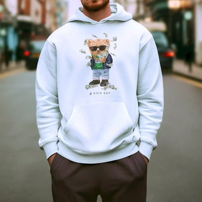 White fleece hoodie with cartoon bear spraying money in confident style – Λευκό φούτερ με κουκούλα και αρκουδάκι που πετά χρήματα με στυλ
