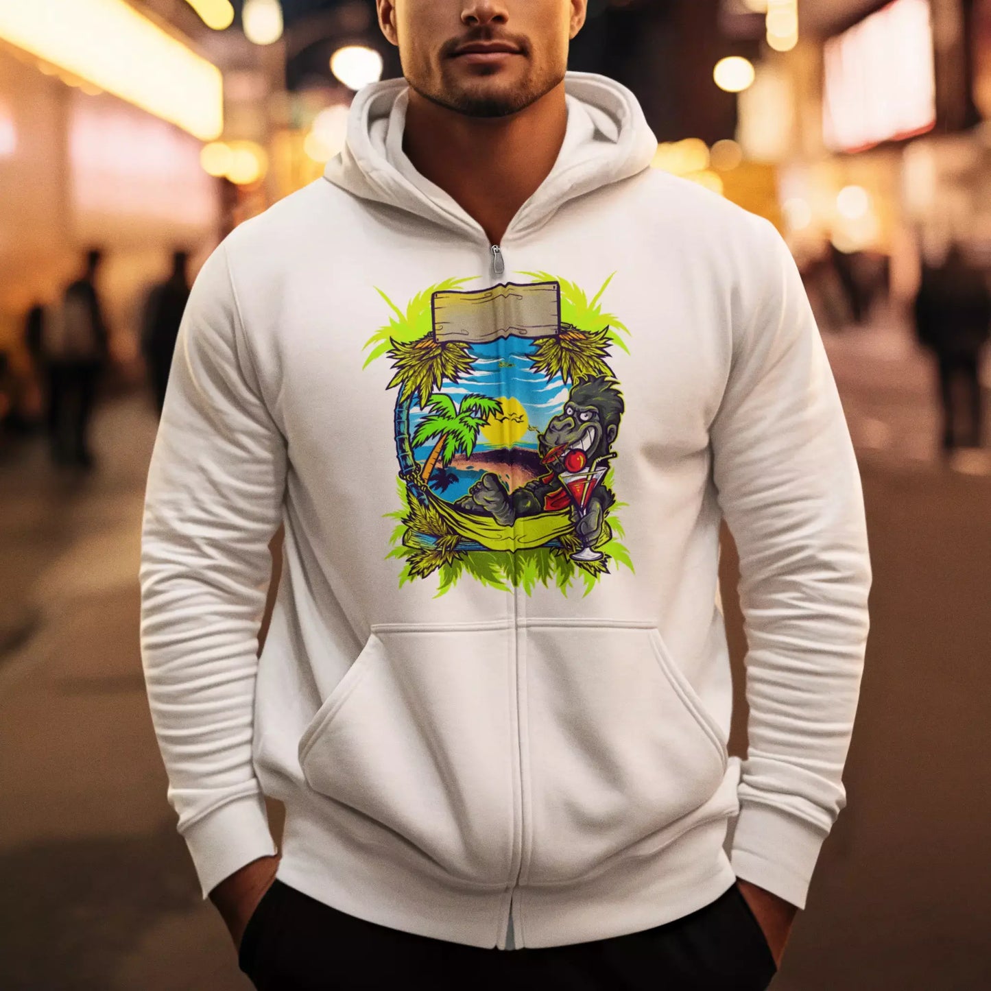 White full-zip hooded sweater displaying the artistic watercolor graffiti graphic. — Λευκή ζακέτα φούτερ με κουκούλα που εμφανίζει το καλλιτεχνικό γραφικό με watercolor και graffiti