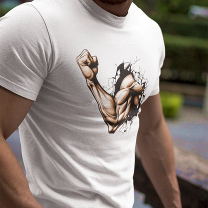 White gymwear tee with 3D arm graphic bursting through cracks – Λευκό μπλουζάκι γυμναστηρίου με 3D γραφικό μπράτσου που ξεσπά μέσα από ρωγμές.