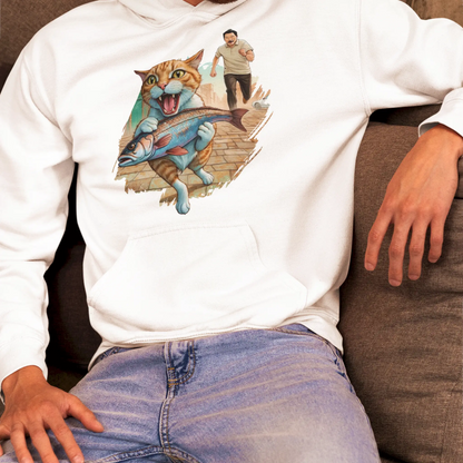 White hooded sweatshirt featuring charming cat adventure perfect for casual days - λευκό hooded με γοητευτική περιπέτεια γάτας ιδανικό για casual μέρες