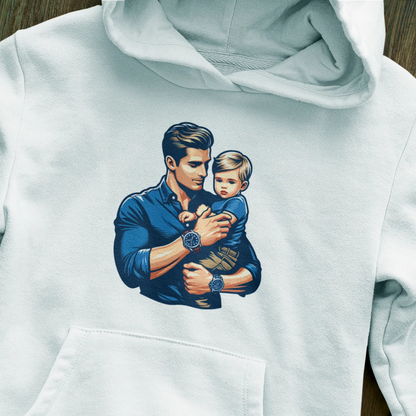 White hoodie design with symbolic watch of father-son time – Λευκό φούτερ με κουκούλα και σχέδιο ρολογιού που συμβολίζει τον χρόνο πατέρα-γιου