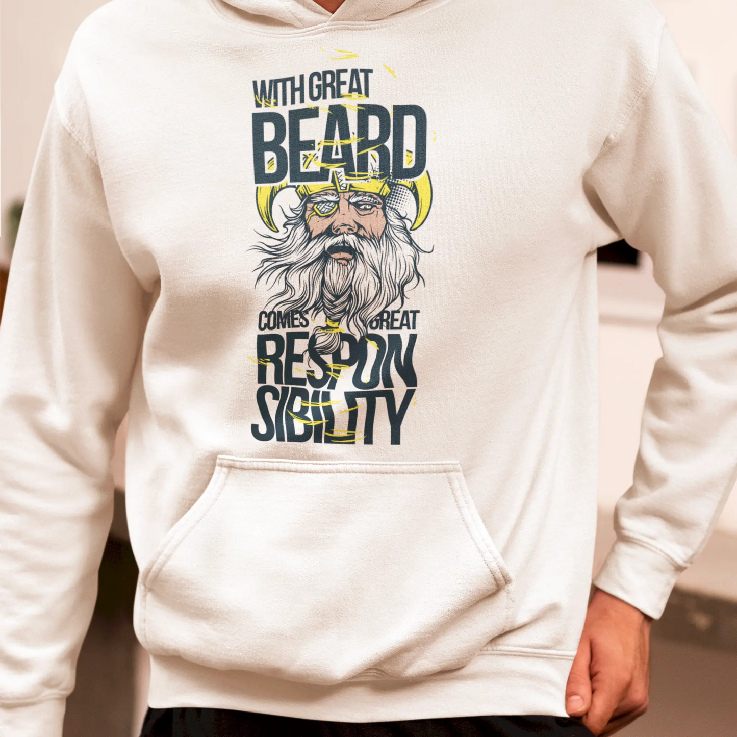White hoodie featuring a bold Viking with a massive beard – Λευκό hoodie με έντονο σχέδιο βίκινγκ με τεράστια γενειάδα