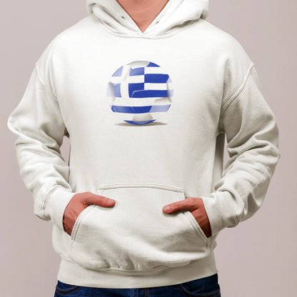 White hoodie featuring a football with the Greek flag in sleek layout – Λευκή κουκούλα με μπάλα ποδοσφαίρου και ελληνική σημαία σε κομψή διάταξη.
