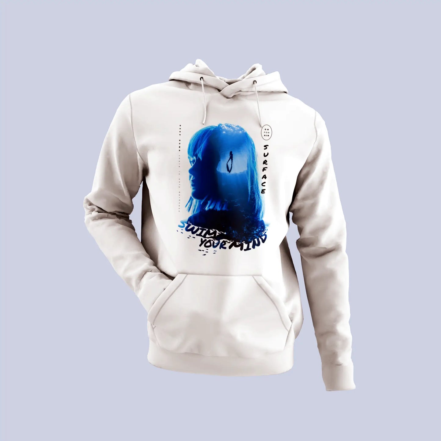 White hoodie featuring artistic deep dive and surface imagery | Λευκό hoodie με καλλιτεχνικές εικόνες κατάδυσης και ανάδυσης