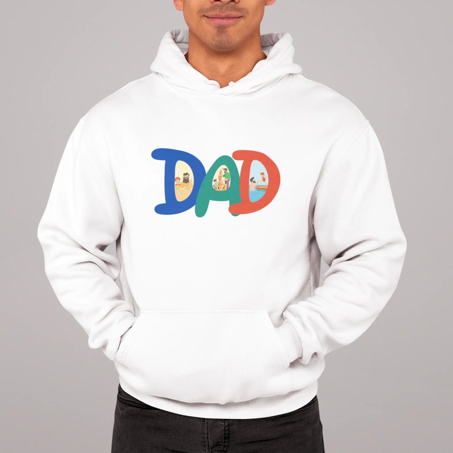 White hoodie featuring dad and kids bonding illustration | Λευκό hoodie με εικονογράφηση δεσίματος μπαμπά και παιδιών