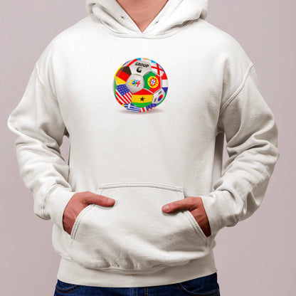 White hoodie featuring epic Group G World Cup flag ball. | Λευκή κουκούλα με επικό σχέδιο μπάλας από σημαίες του Ομίλου G.