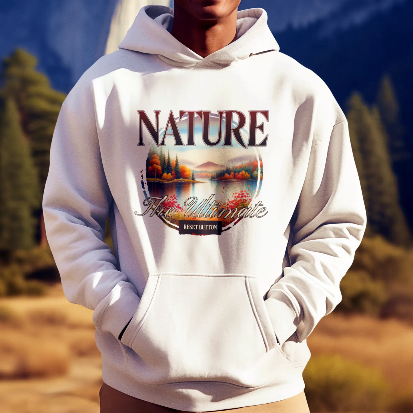 White hoodie featuring pastel sunset over pine trees – λευκή κουκούλα με παστέλ ηλιοβασίλεμα πάνω από πεύκα
