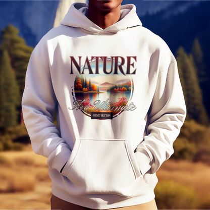 White hoodie featuring pastel sunset over pine trees – λευκή κουκούλα με παστέλ ηλιοβασίλεμα πάνω από πεύκα