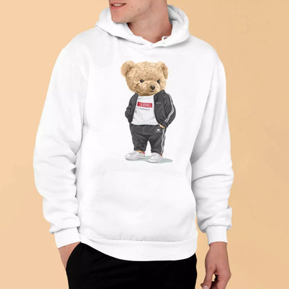 White hoodie featuring teddy bear and Love Yourself design – λευκό hoodie με αρκουδάκι και motivational graphic