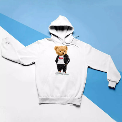 White hoodie featuring teddy bear and Love Yourself design – λευκό hoodie με αρκούδο και motivational graphic