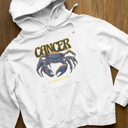 White hoodie with Cancer zodiac Stardust Shell crab design | Λευκή κουκούλα με ζώδιο Καρκίνος και σχέδιο καβουριού Stardust Shell