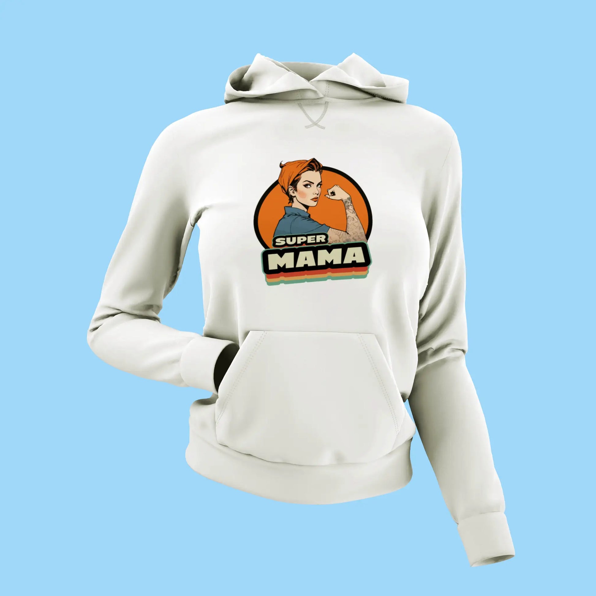 White hoodie with Kangaroo pockets provides practicality while graphic celebrates evolution of maternal roles in society - Λευκή φούτερ μπλούζα με κουκούλα και τσέπες καγκουρό παρέχουν πρακτικότητα ενώ το γραφικό απεικονίζει την εξέλιξη του ρόλου της μητέρας στην κοινωνία