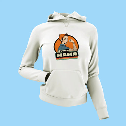 White hoodie with Kangaroo pockets provides practicality while graphic celebrates evolution of maternal roles in society - Λευκή φούτερ μπλούζα με κουκούλα και τσέπες καγκουρό παρέχουν πρακτικότητα ενώ το γραφικό απεικονίζει την εξέλιξη του ρόλου της μητέρας στην κοινωνία