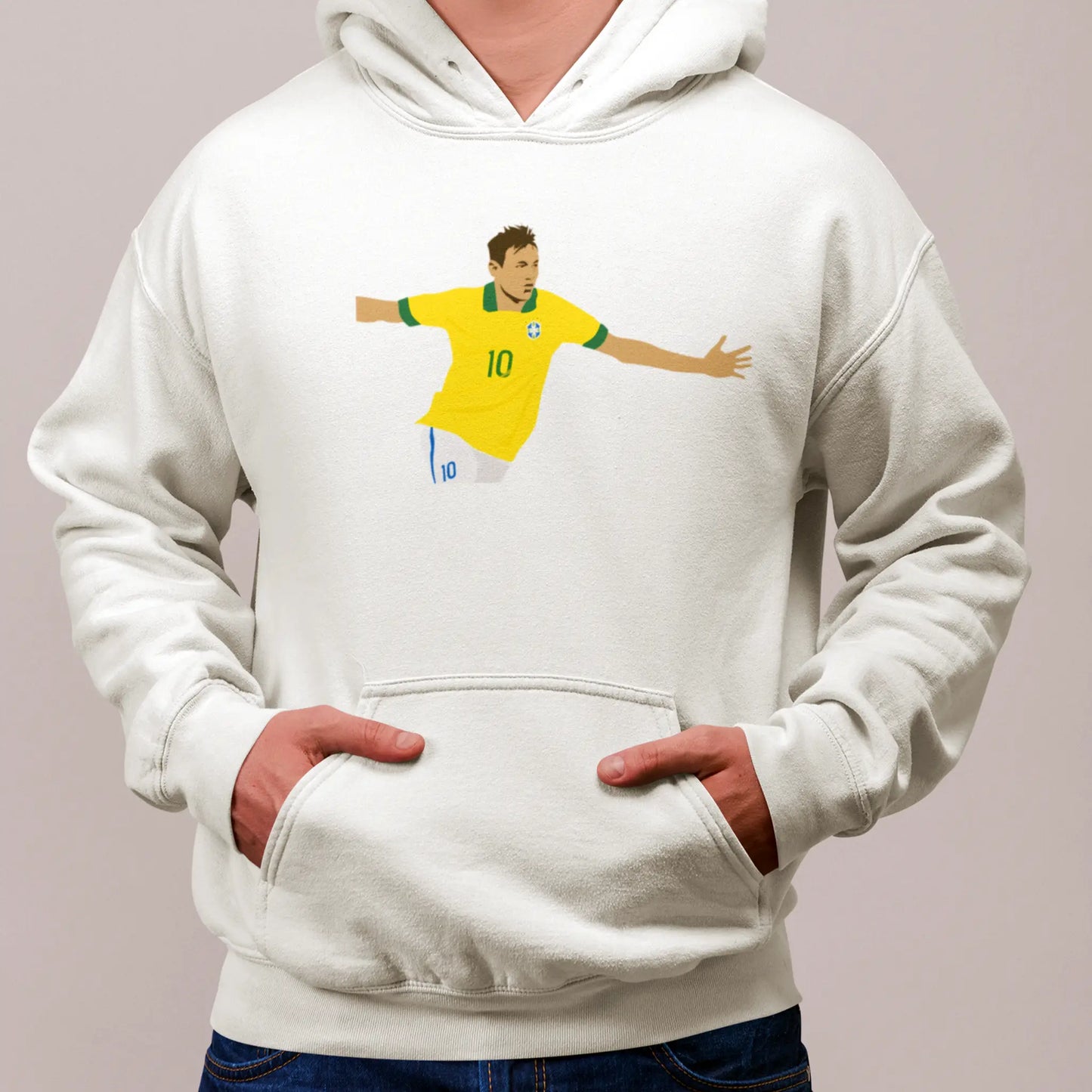 White hoodie with Neymar Jr. portrait that speaks to football lovers. | Λευκή κουκούλα με πορτραίτο Neymar Jr. που απευθύνεται σε ποδοσφαιρόφιλους.