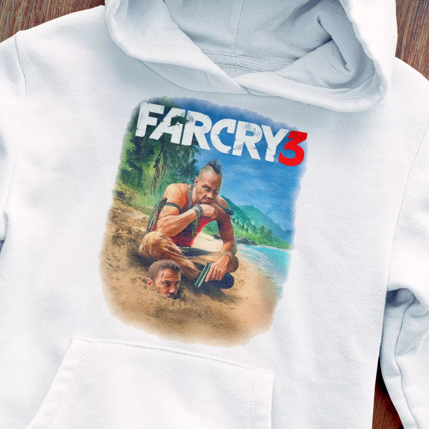 White hoodie with Vaas Montenegro design, making a bold gamer statement – Λευκό hoodie με σχέδιο του Vaas Montenegro, δημιουργώντας έντονο gamer statement
